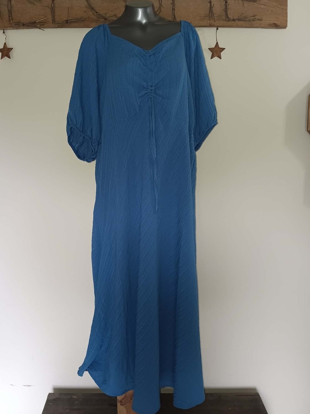 Terra & Sky  Plus Size Ruched Front Midi Dress Blue Puff Sleeve Cinch Drawstring